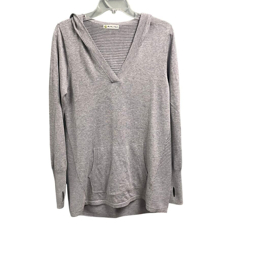 Akini Gray Ribbed Hooded Knit Sweater Pullover Size Medium Minimalist Casual